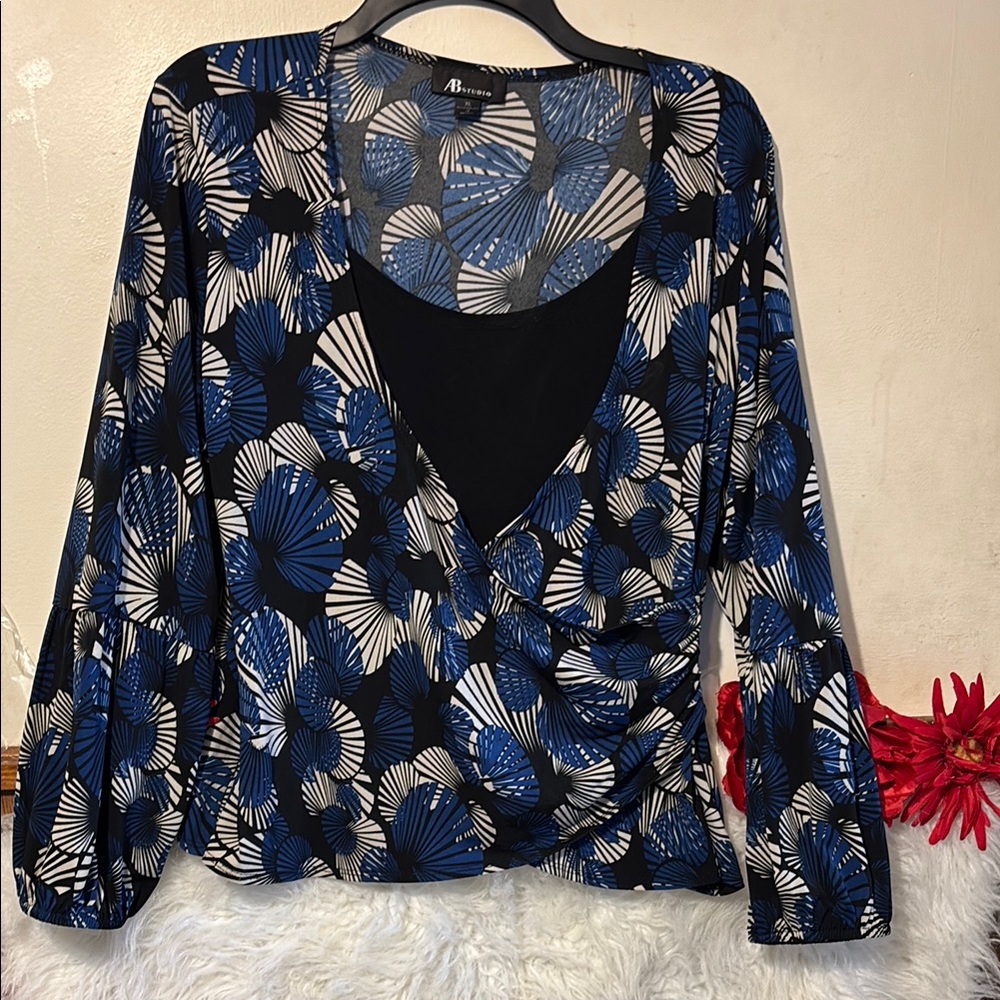 AB Studio Black and Blue Wrap Blouse with Long Sleeves